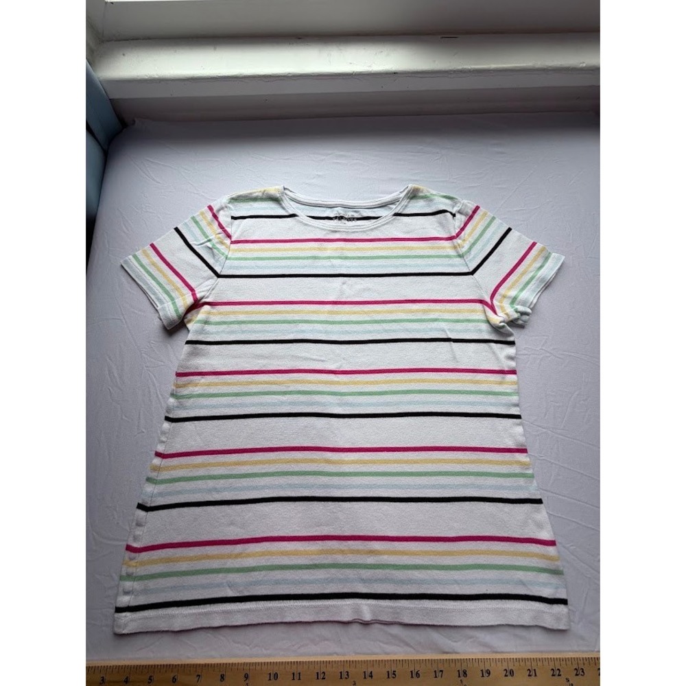 Talbots Tee Womens Medium White Multi Color Striped Short Sleeve Cotton T-Shirt